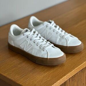 New Balance Men's White Leather Sneakers with Brown Gum Sole